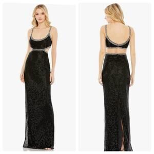 Mac Duggal Beaded Open Back Cut- Out Back Slit Gown Prom Dress Black Size 8 NWT